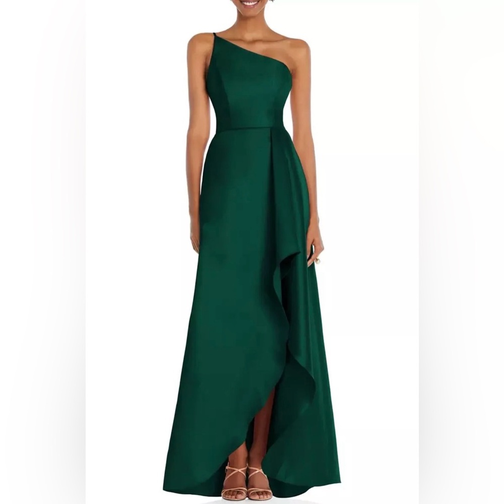 Alfred Sung Hunter Green One-Shoulder Satin Gown Size 4 $252 D831